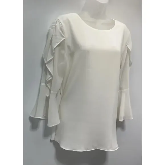 Calvin Klein White Ruffle Sleeve Lined Blouse EUC Size Large - Picture 2 of 8